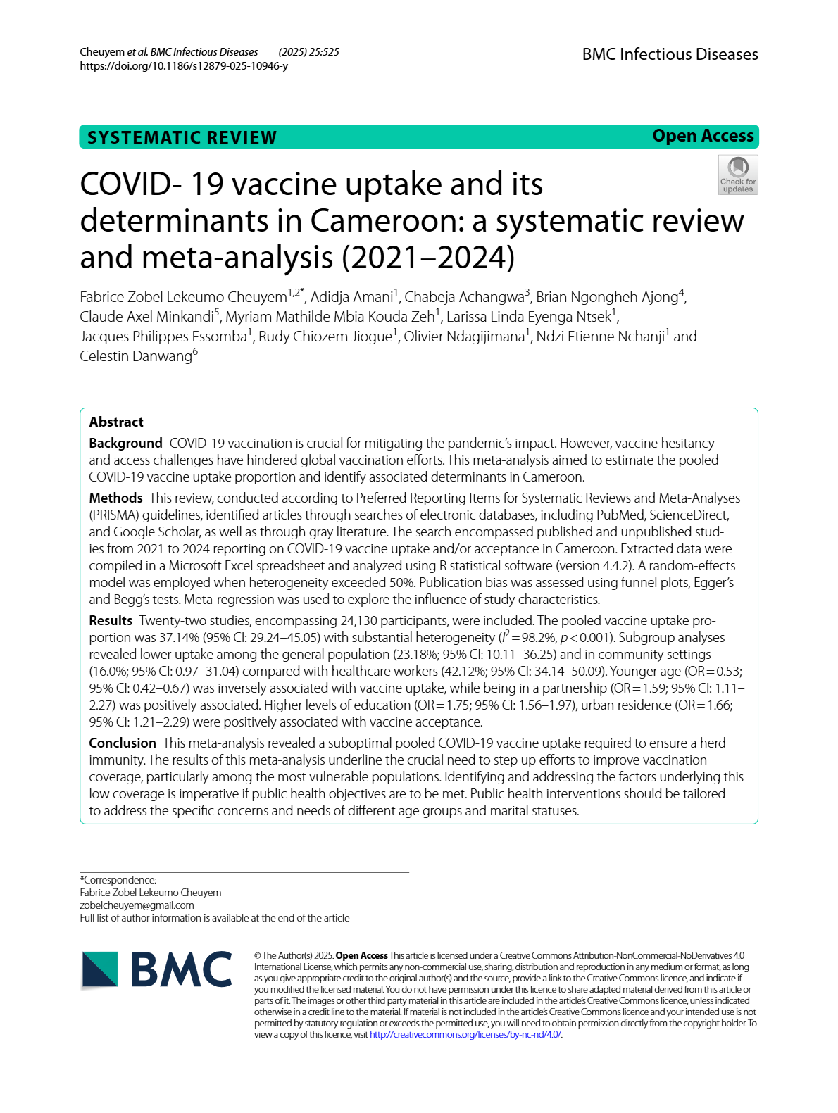COVID- 19 Vaccine Uptake and Its Determinants in Cameroon: a Systematic ...
