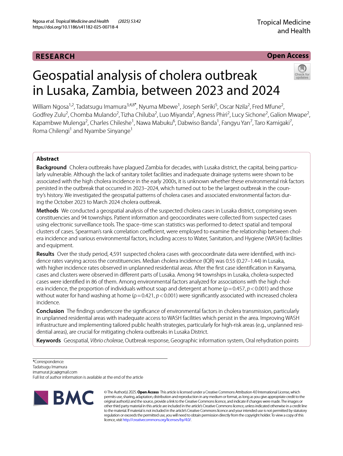 Geospatial analysis of cholera outbreak in Lusaka, Zambia, between 2023 ...