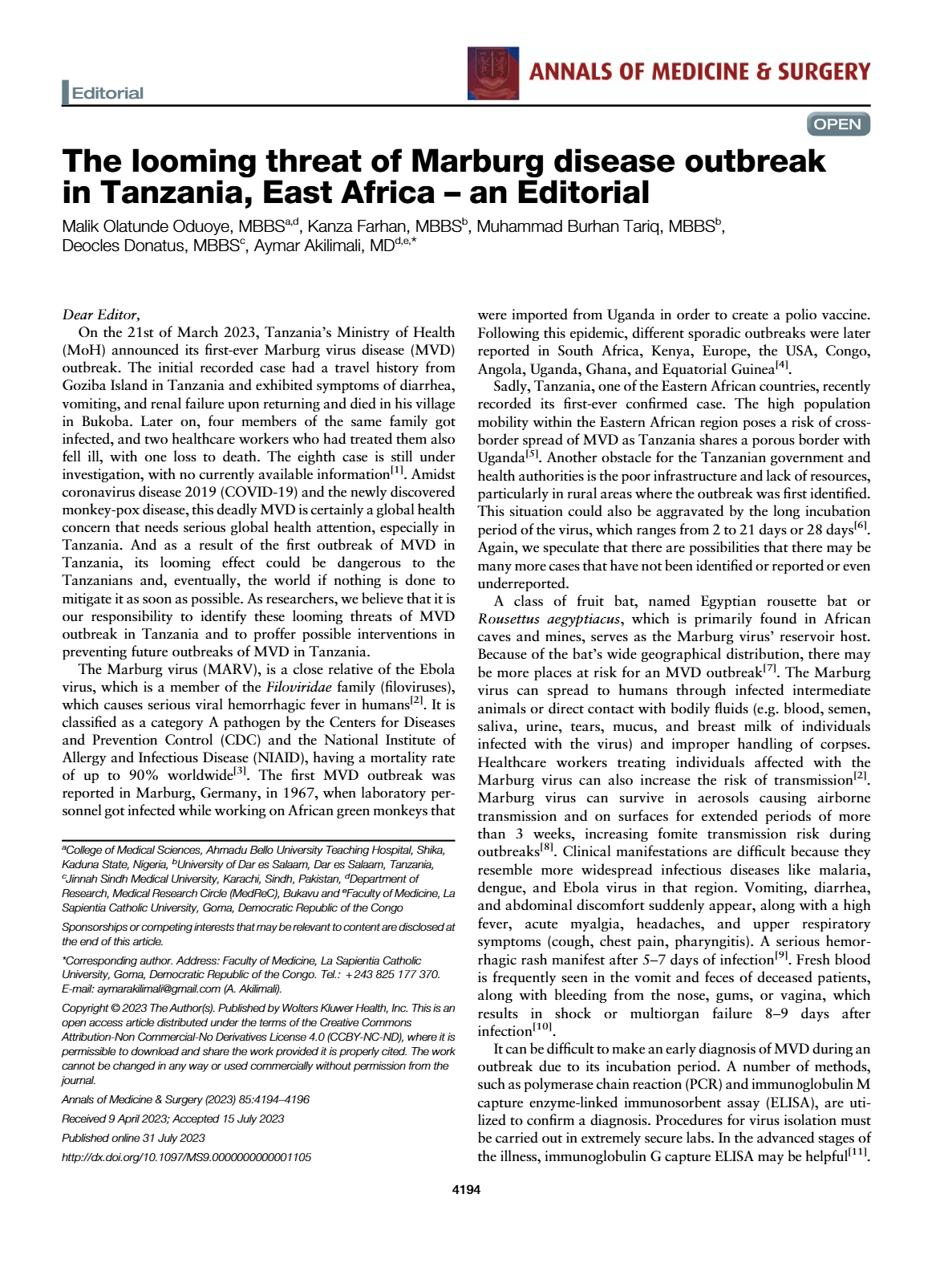 The looming threat of marburg disease outbreak in Tanzania, east Africa ...